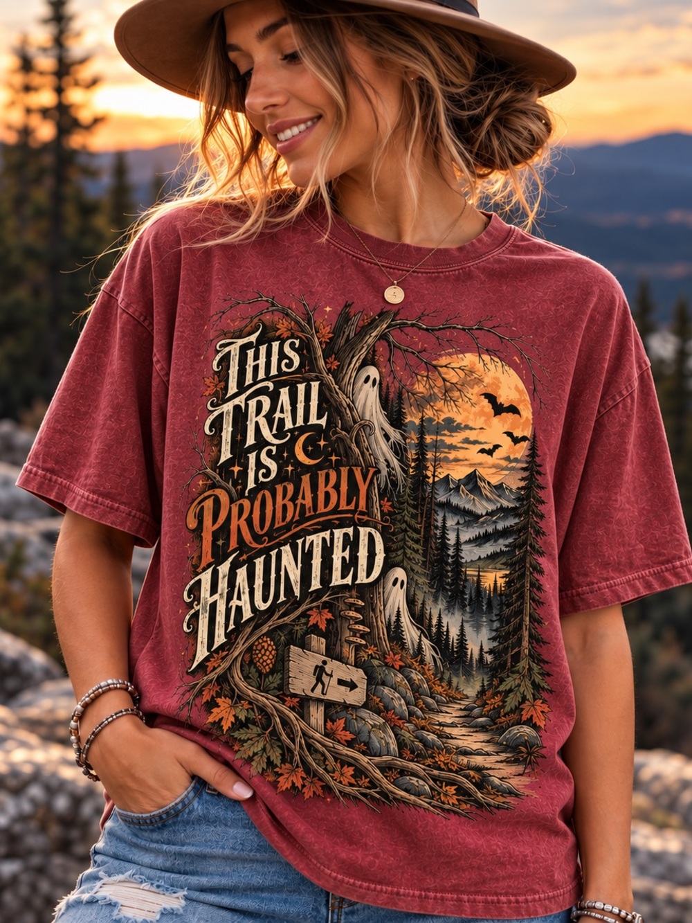 Spooky Season Graphic Crewneck Tee This Trail Is Probably Haunted Vintage Brick